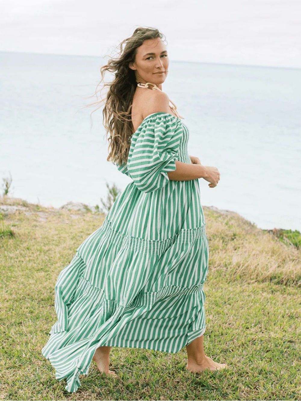 GREEN AND WHITE STRIPE TULA Square-Neck Maxi Dress - Smocked Bodice NWT - Picture 3 of 6